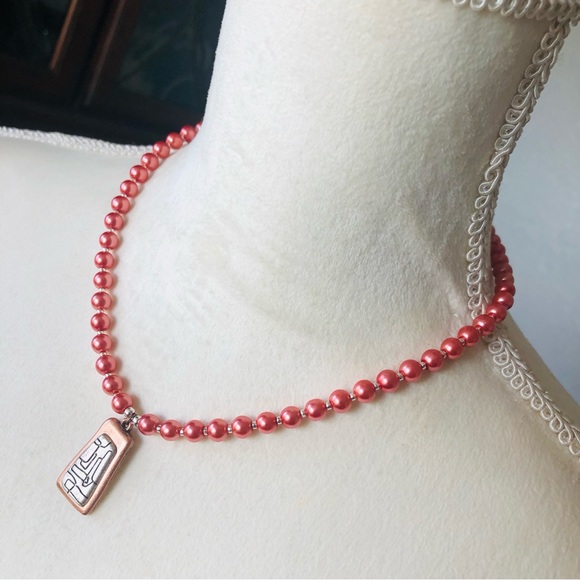 Handcrafted repurpose petroglyph style pendant Czech glass Pearl necklace - Picture 5 of 10